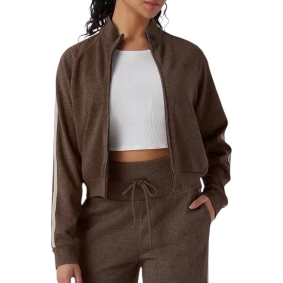 NWOT Halara Ribbed Stand Collar Long Sleeve Zipper Jacket Chestnut Stripe Large - Picture 2 of 9